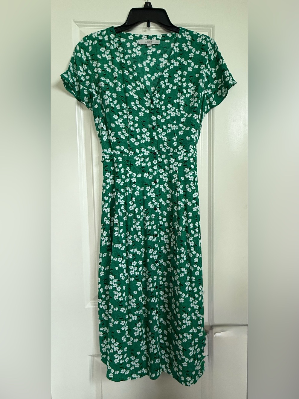 LOFT Green Floral Midi Dress with White Blossom Print